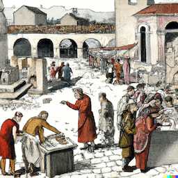 illustration, der viser en antik romersk markedsplads med folk, der handler varer. I forgrunden bør der være to stenplader med indgraverede ordene 'emtio' og 'vendito'.